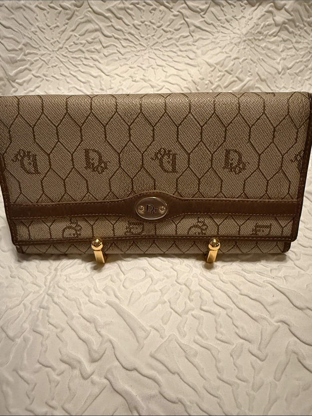 Vintage Dior Brown Monogram Honeycomb Foldover Kisslock wallet
